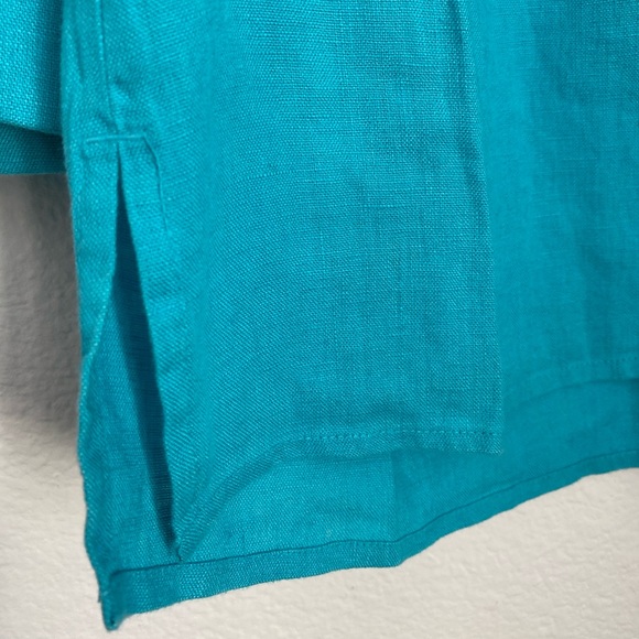 JM • Stunning Turquoise 100% Linen Sequence Pleated Buttoned Top - Picture 5 of 13